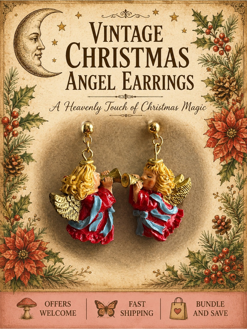 Vintage Christmas Angel Dangle Earrings Cherub Trumpet Holiday Jewelry